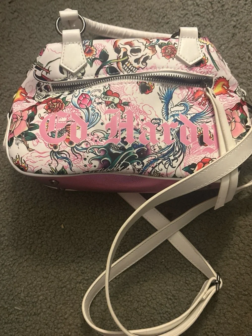 Ed Hardy White & Pink Skull Rose Satchel